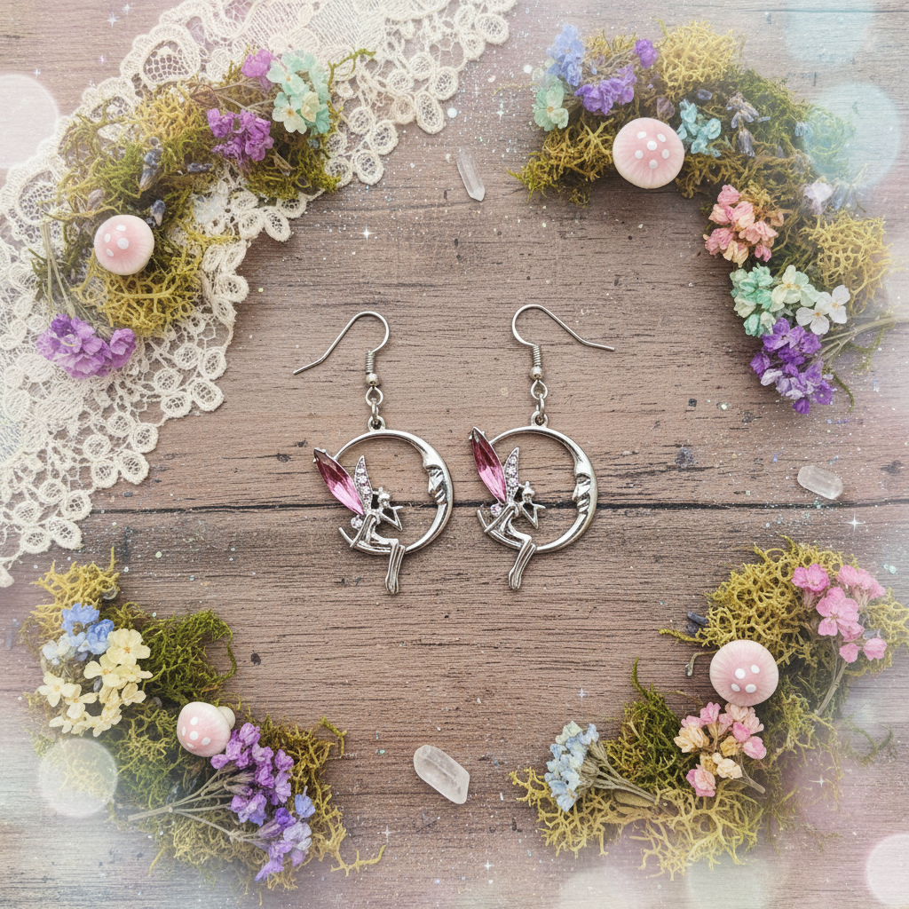 Fairy Moon Earrings – Whimsical Pink Wings Dangle Jewelry