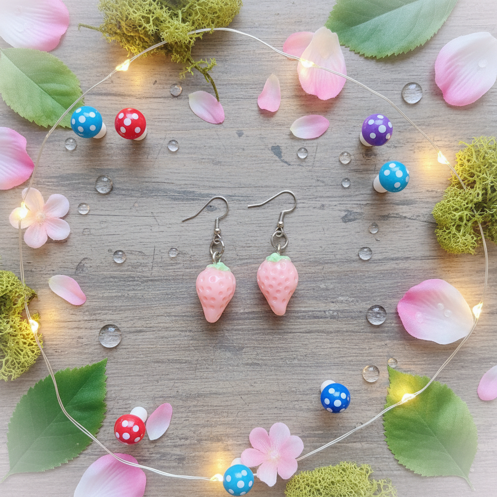 Pink Strawberry Earrings – Whimsical Fruit Jewelry Tree Display