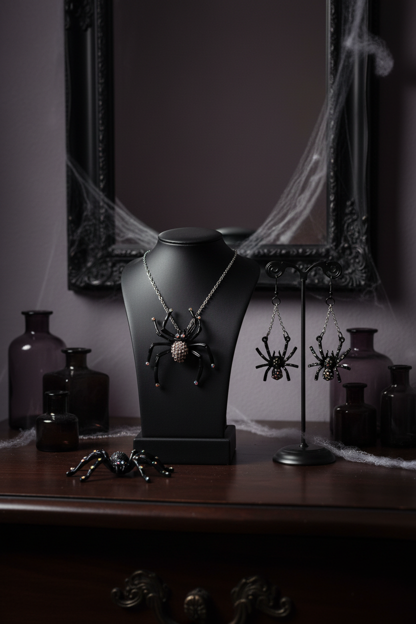 Black Spider Jewelry Set: Necklace and Earrings Halloween Costume Accessory