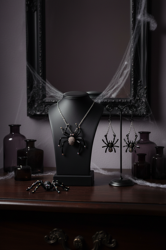 Black Spider Jewelry Set: Necklace and Earrings Halloween Costume Accessory