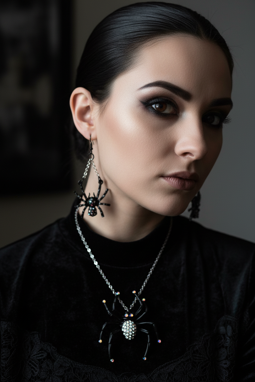 Black Spider Jewelry Set: Necklace and Earrings Halloween Costume Accessory