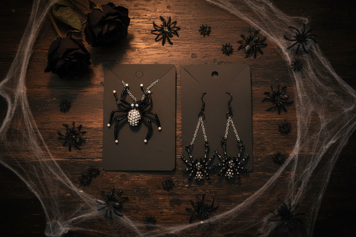 Black Spider Jewelry Set: Necklace and Earrings Halloween Costume Accessory