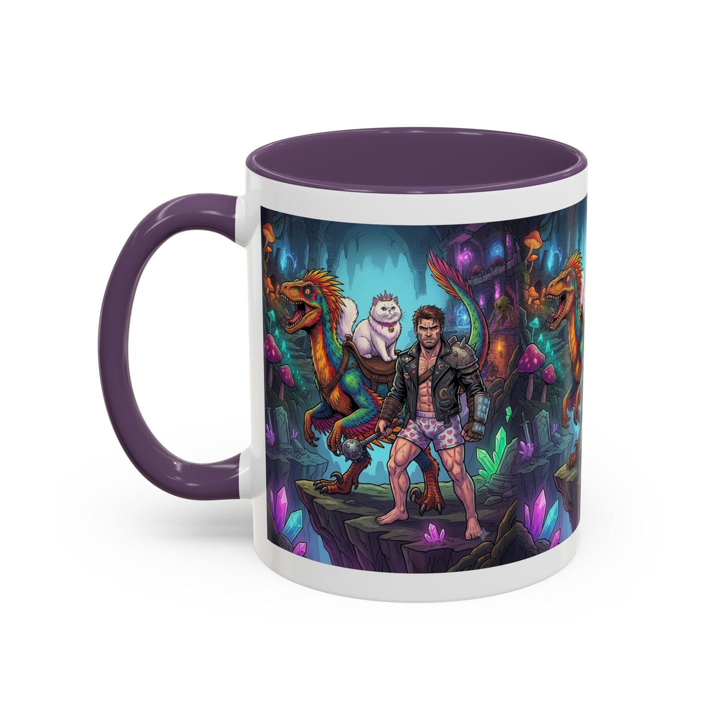 Fantasy Dino Adventure Coffee Mug — Man, Dinosaur & Cute Creature in Crystal Cavern (11/15oz)