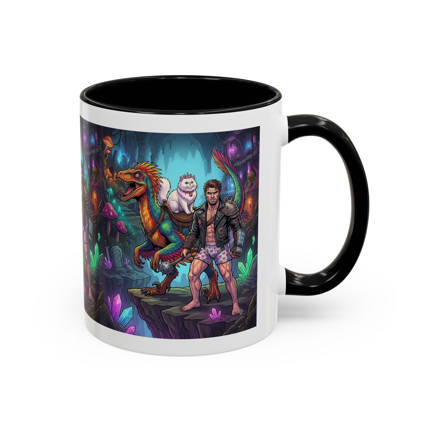 Fantasy Dino Adventure Coffee Mug — Man, Dinosaur & Cute Creature in Crystal Cavern (11/15oz)