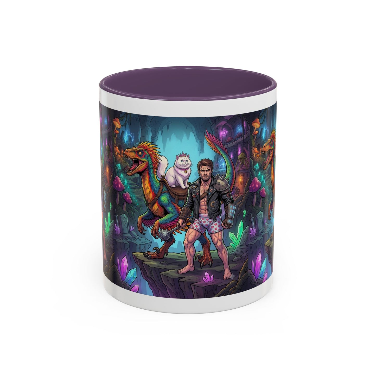 Fantasy Dino Adventure Coffee Mug — Man, Dinosaur & Cute Creature in Crystal Cavern (11/15oz)