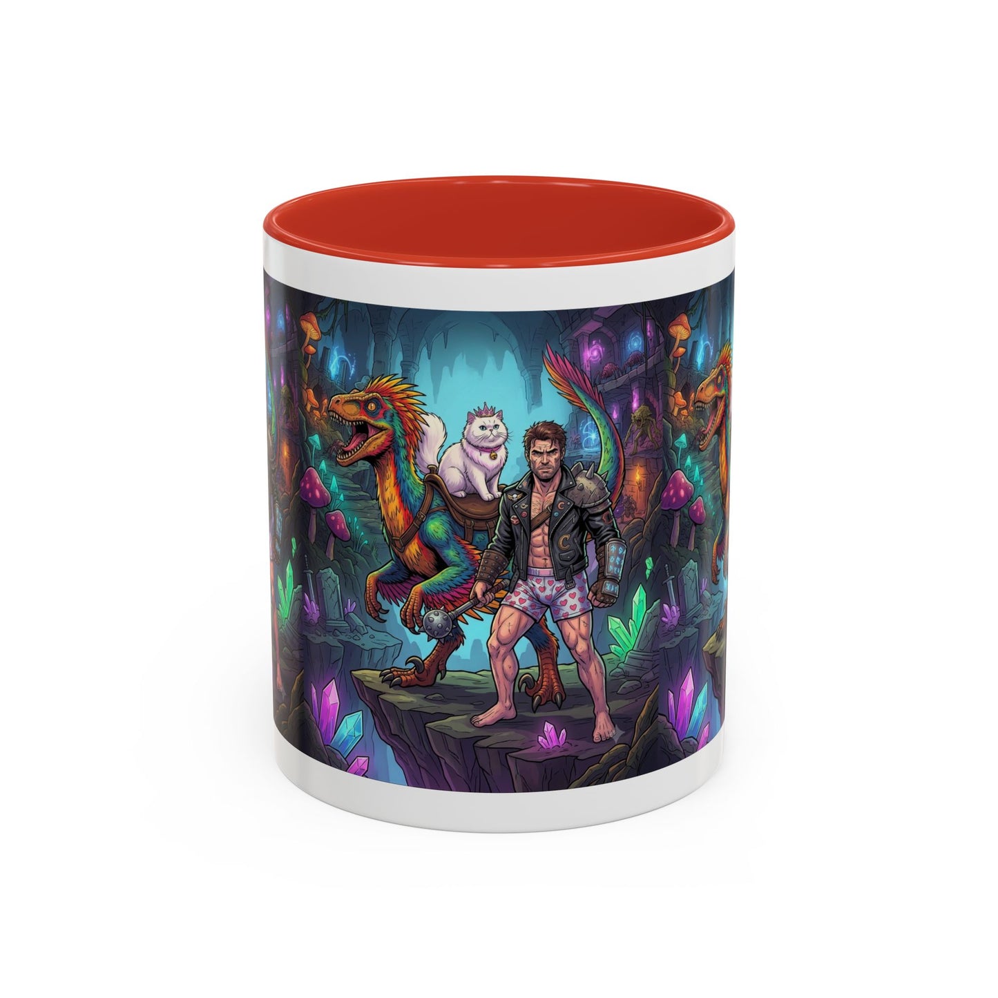 Fantasy Dino Adventure Coffee Mug — Man, Dinosaur & Cute Creature in Crystal Cavern (11/15oz)