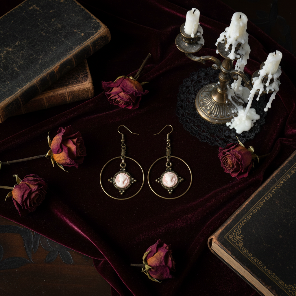 Victorian Framed Lady Cameo Earrings – Gothic Witchy Hoop Jewelry