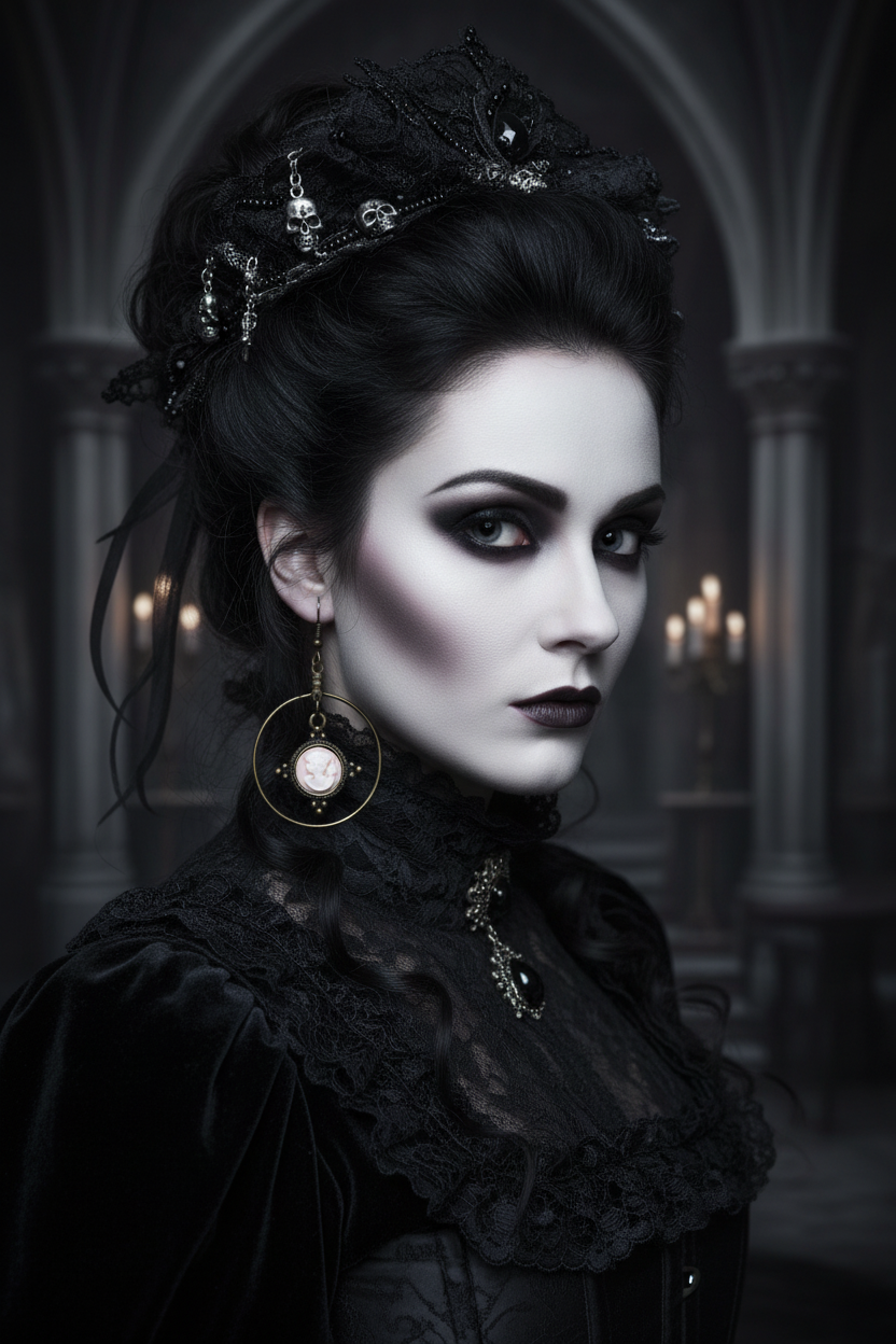 Victorian Framed Lady Cameo Earrings – Gothic Witchy Hoop Jewelry