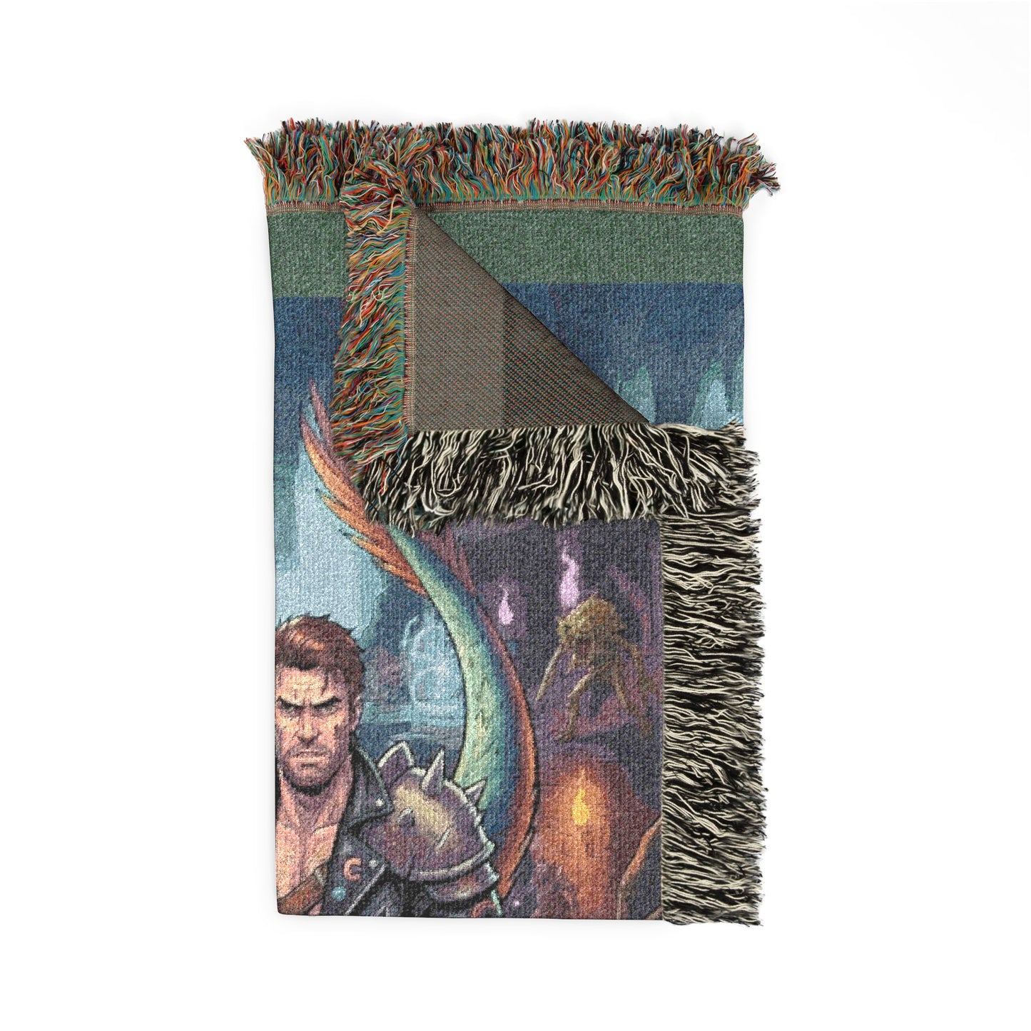 Fantasy Dragon & Warrior Woven Blanket — Pixel Art Medieval Tapestry Throw
