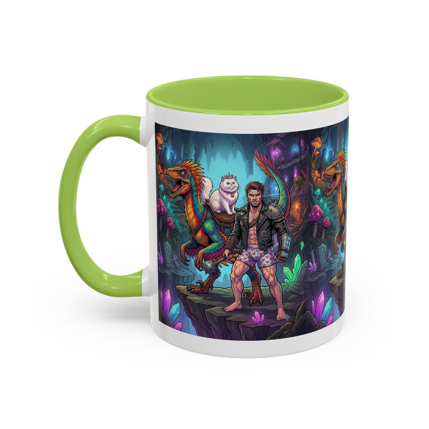 Fantasy Dino Adventure Coffee Mug — Man, Dinosaur & Cute Creature in Crystal Cavern (11/15oz)