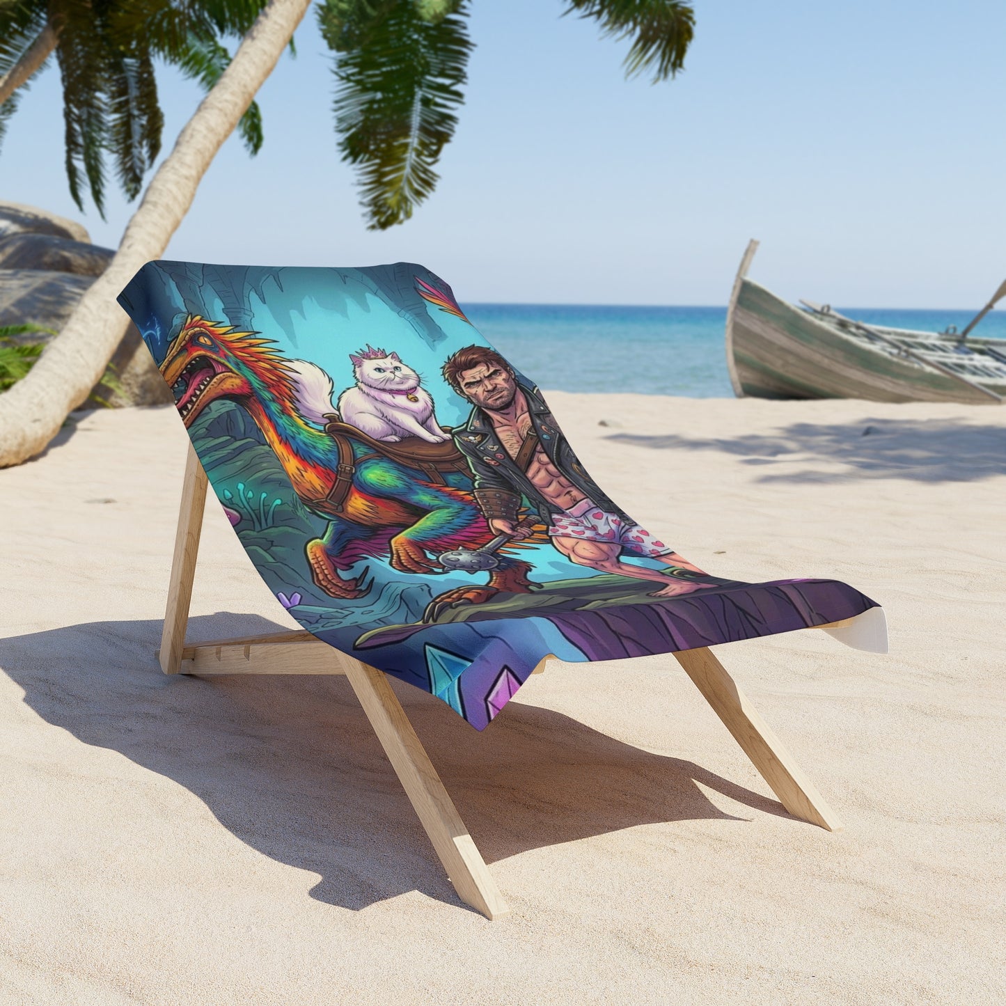 Colorful Dinosaur Rider Beach Towel with Adventurer and Cute Alpaca Plush Design