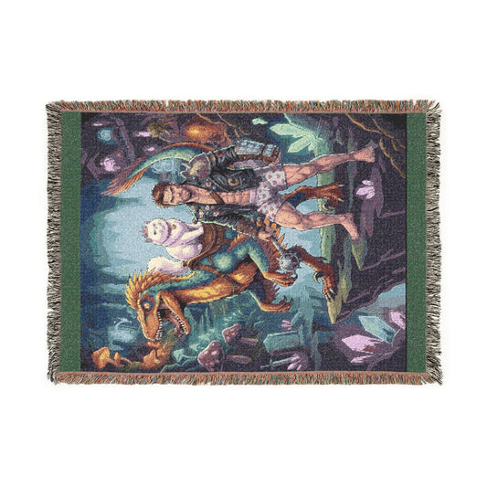 Fantasy Dragon & Warrior Woven Blanket — Pixel Art Medieval Tapestry Throw
