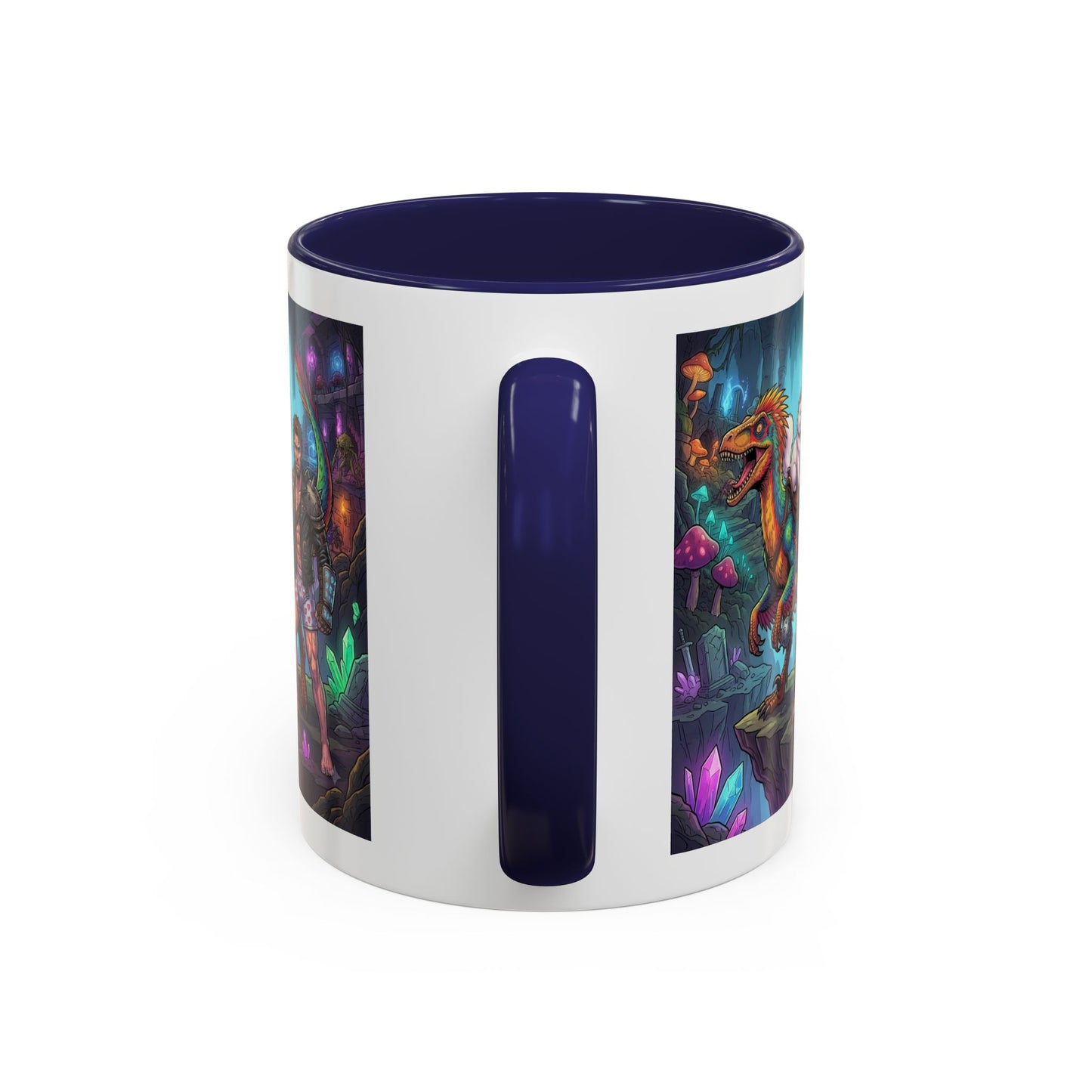 Fantasy Dino Adventure Coffee Mug — Man, Dinosaur & Cute Creature in Crystal Cavern (11/15oz)