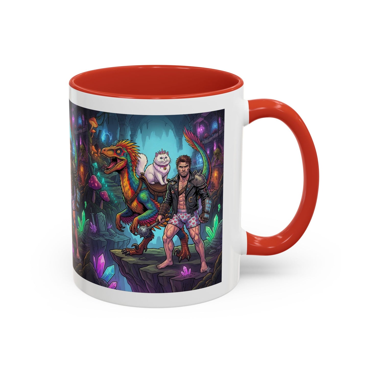 Fantasy Dino Adventure Coffee Mug — Man, Dinosaur & Cute Creature in Crystal Cavern (11/15oz)