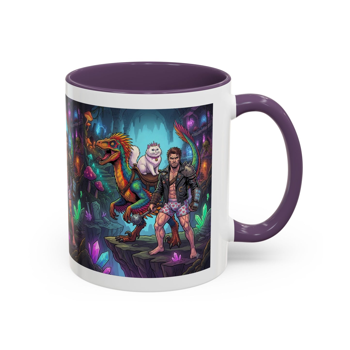 Fantasy Dino Adventure Coffee Mug — Man, Dinosaur & Cute Creature in Crystal Cavern (11/15oz)