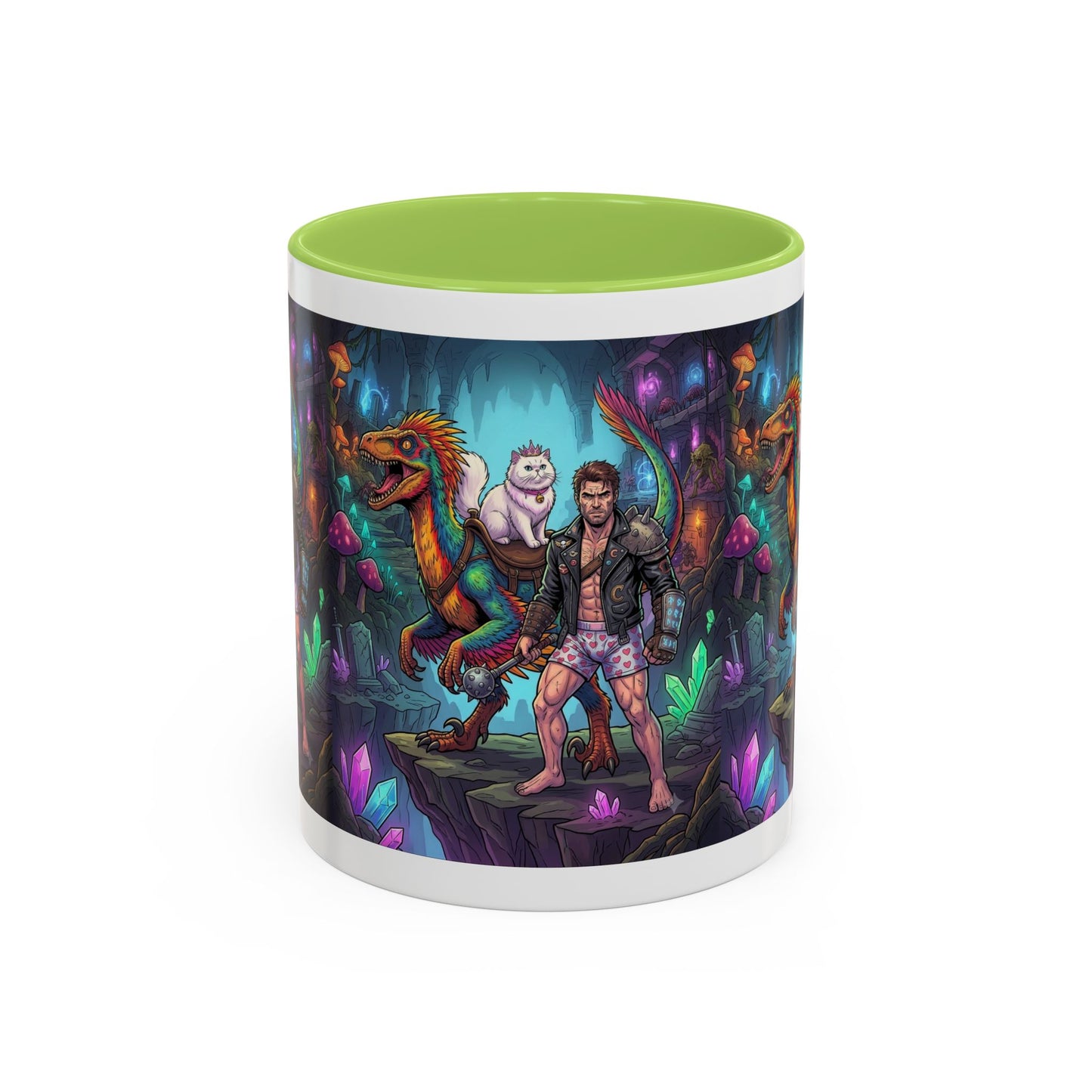 Fantasy Dino Adventure Coffee Mug — Man, Dinosaur & Cute Creature in Crystal Cavern (11/15oz)