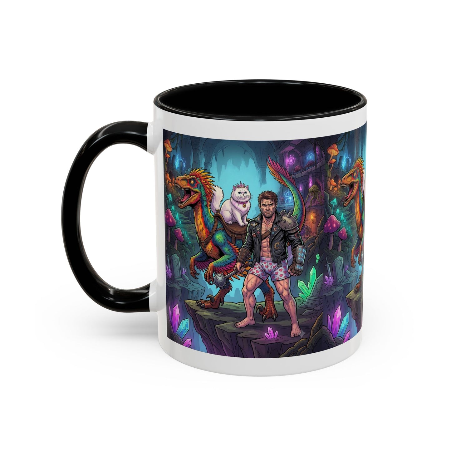 Fantasy Dino Adventure Coffee Mug — Man, Dinosaur & Cute Creature in Crystal Cavern (11/15oz)