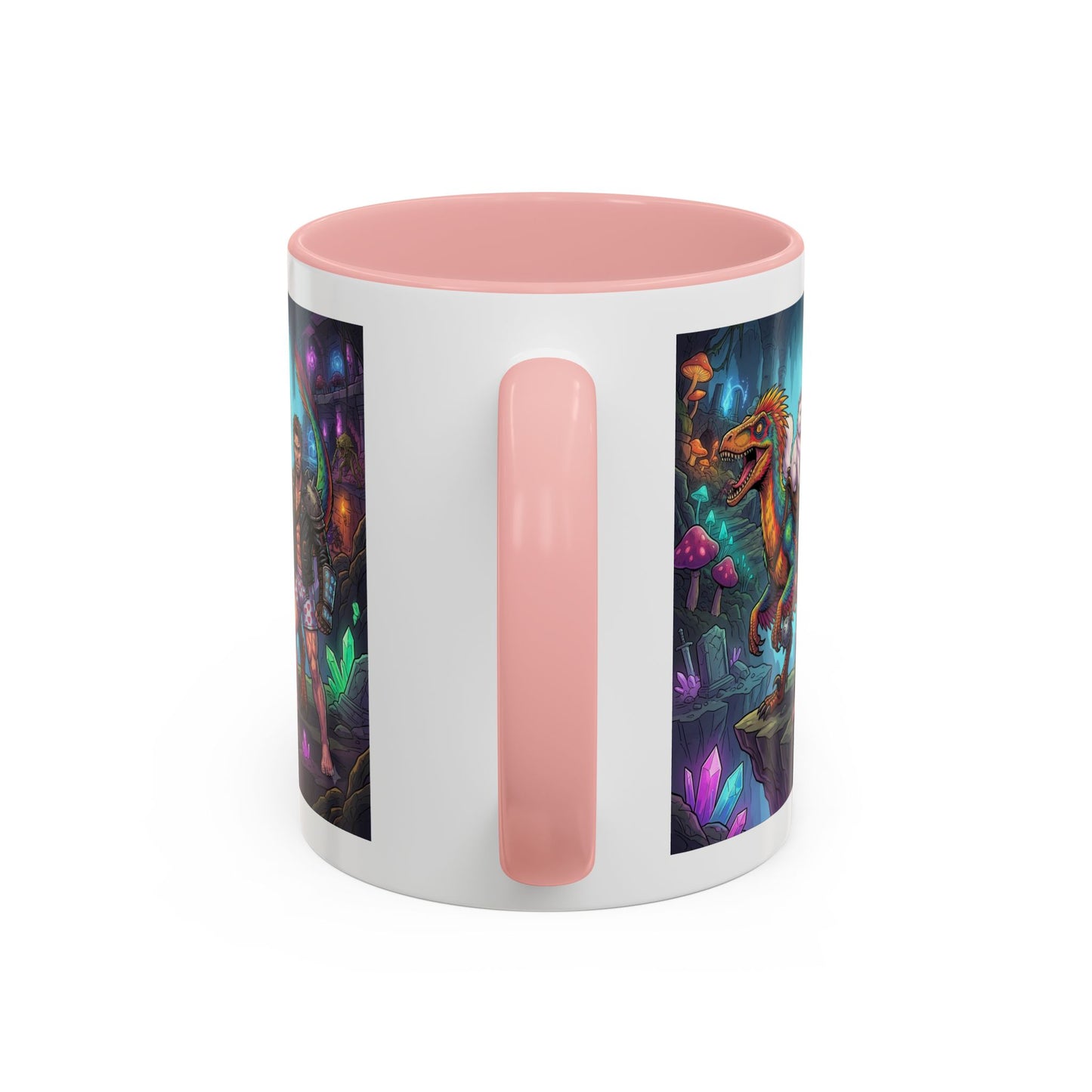 Fantasy Dino Adventure Coffee Mug — Man, Dinosaur & Cute Creature in Crystal Cavern (11/15oz)