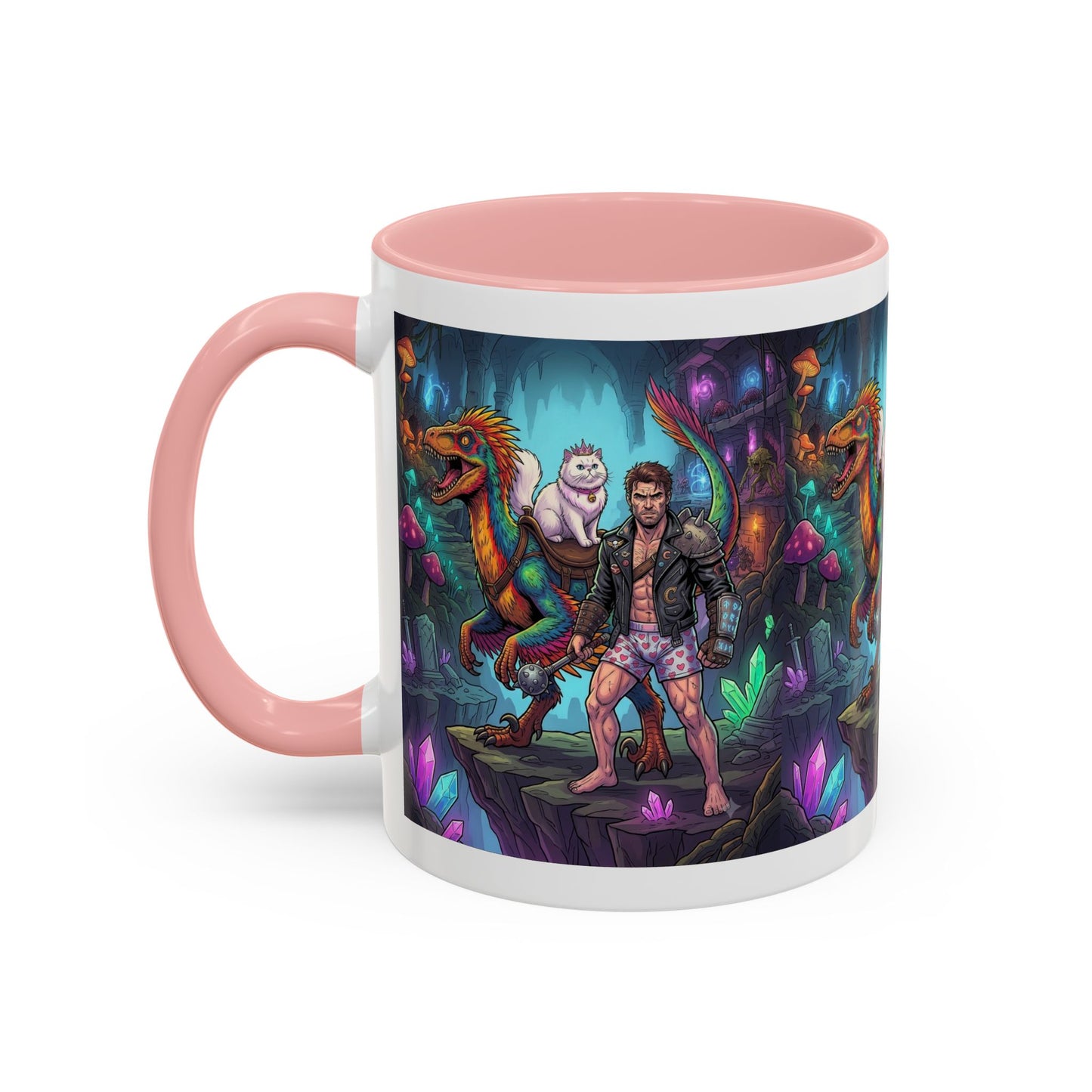 Fantasy Dino Adventure Coffee Mug — Man, Dinosaur & Cute Creature in Crystal Cavern (11/15oz)