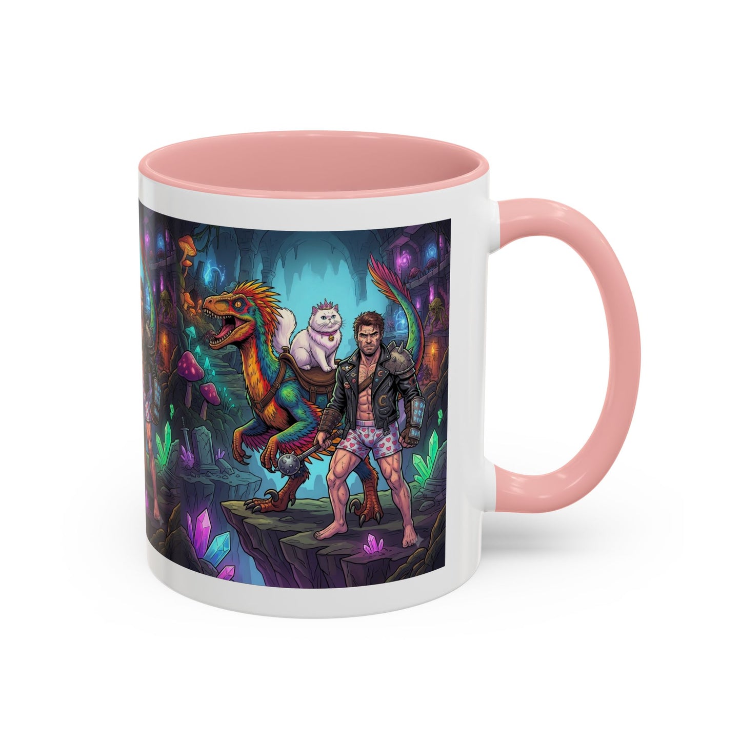 Fantasy Dino Adventure Coffee Mug — Man, Dinosaur & Cute Creature in Crystal Cavern (11/15oz)