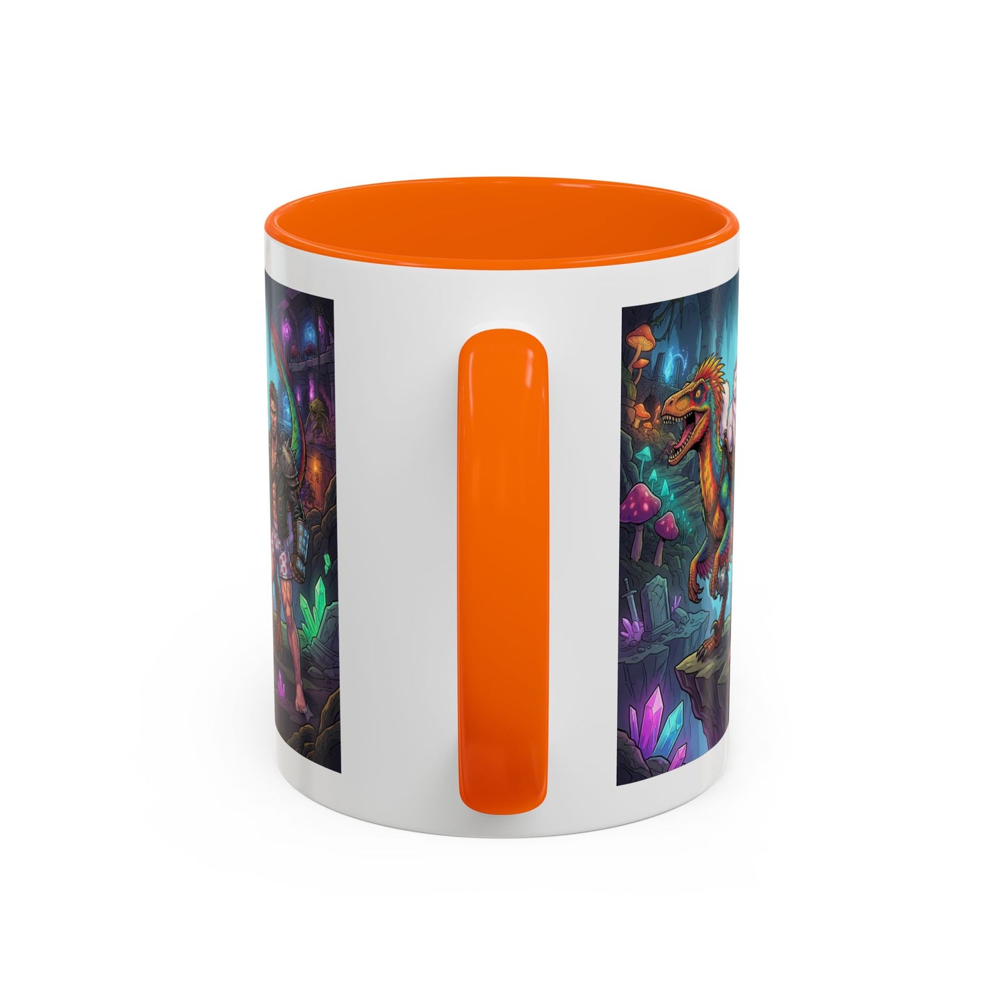 Fantasy Dino Adventure Coffee Mug — Man, Dinosaur & Cute Creature in Crystal Cavern (11/15oz)