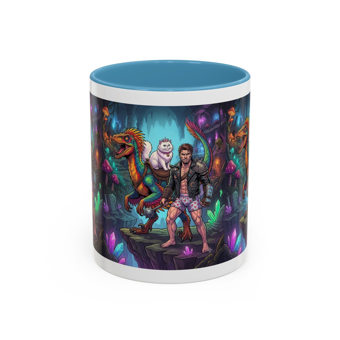 Fantasy Dino Adventure Coffee Mug — Man, Dinosaur & Cute Creature in Crystal Cavern (11/15oz)