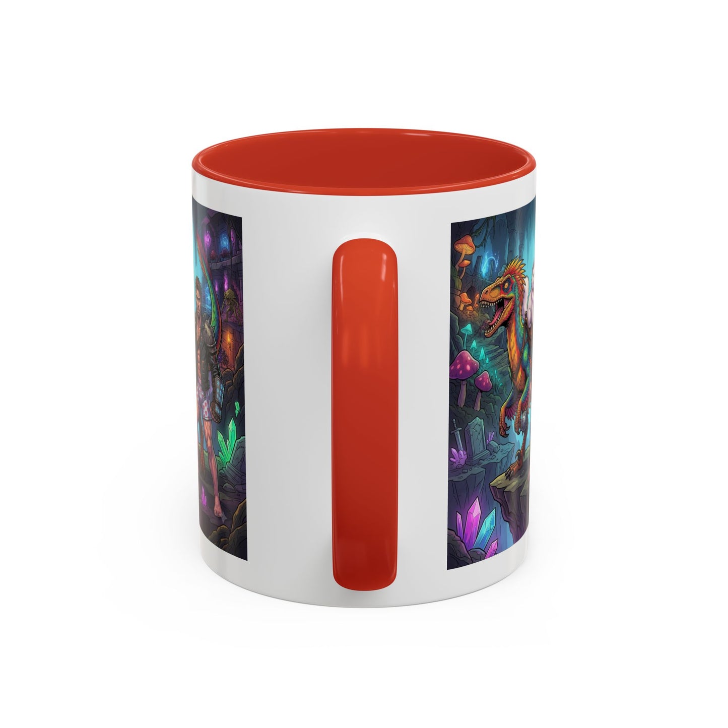 Fantasy Dino Adventure Coffee Mug — Man, Dinosaur & Cute Creature in Crystal Cavern (11/15oz)