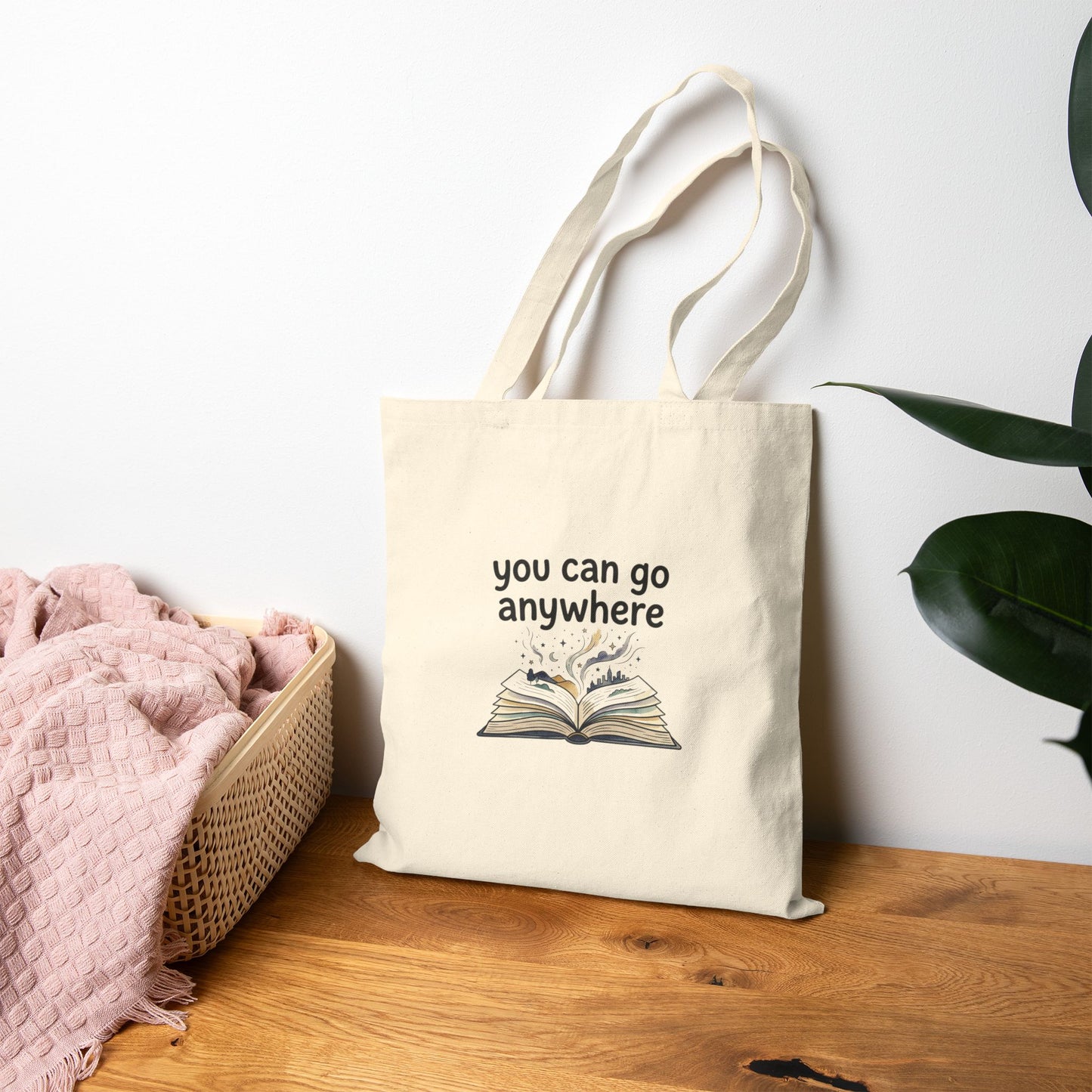 Book Lover Tote Bag - "You Can Go Anywhere" Canvas Book Tote, Readers Gift