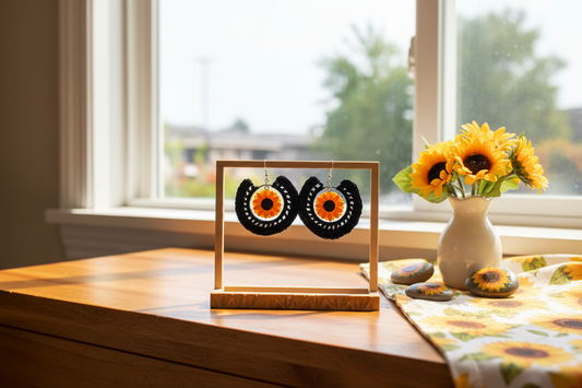 Crocheted Sunflower Earrings – Black Boho Hoop Jewelry