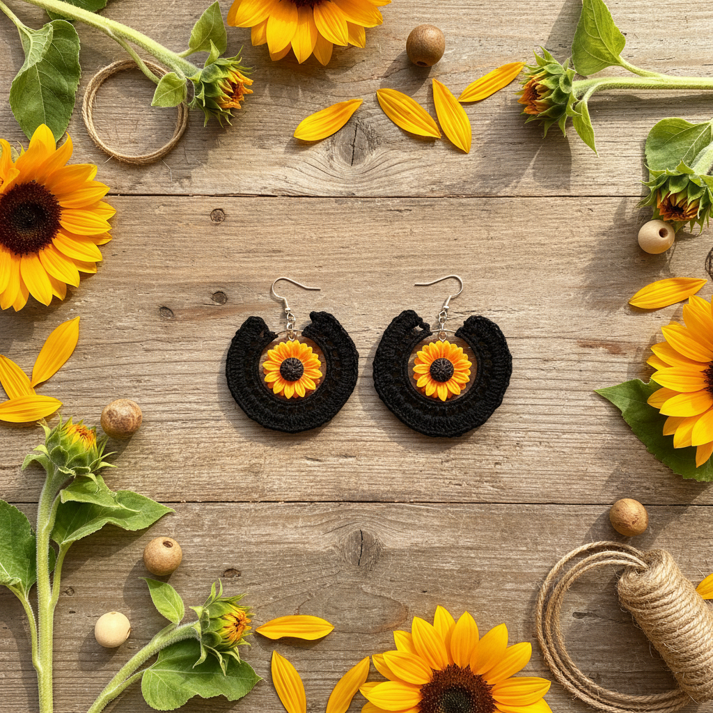 Crocheted Sunflower Earrings – Black Boho Hoop Jewelry