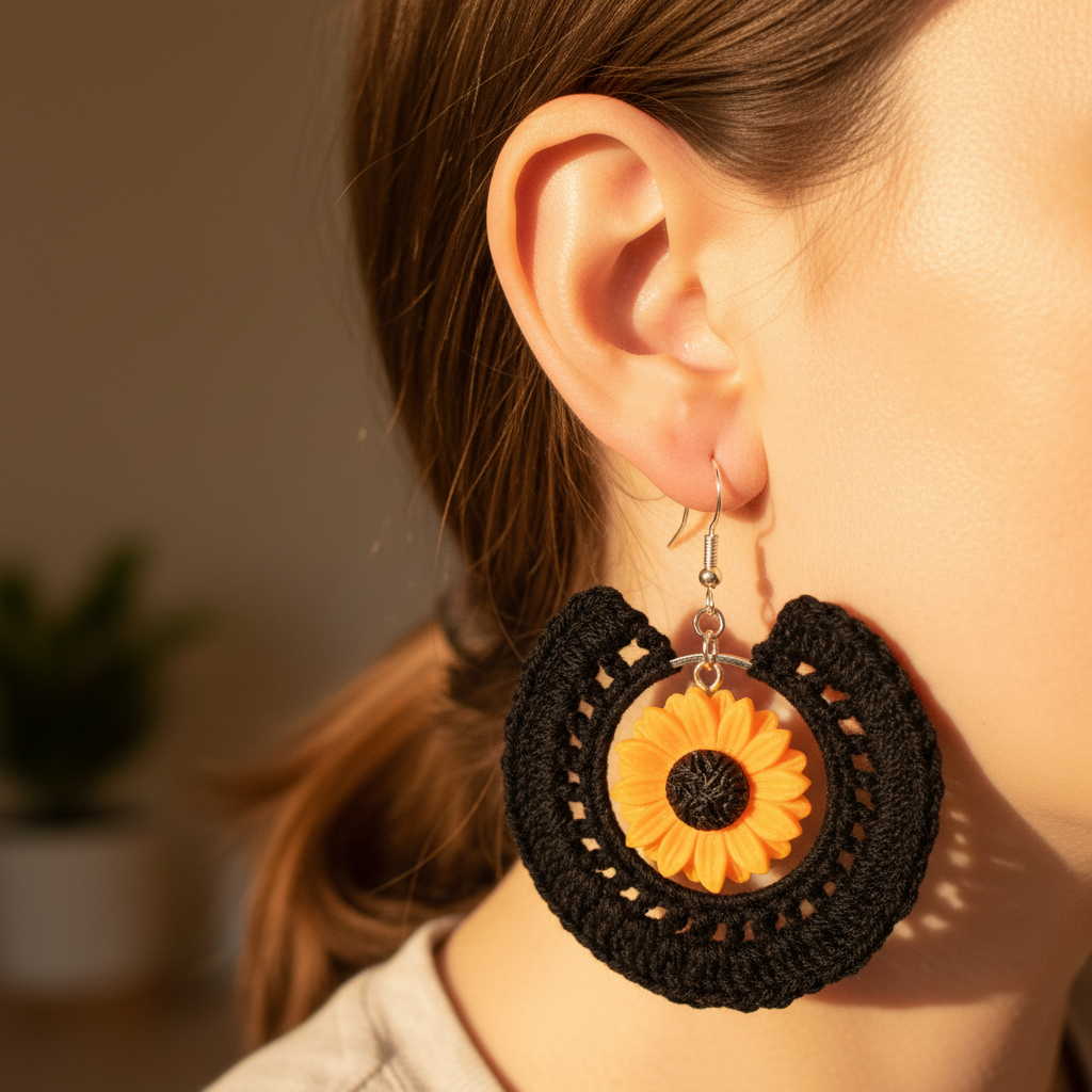 Crocheted Sunflower Earrings – Black Boho Hoop Jewelry