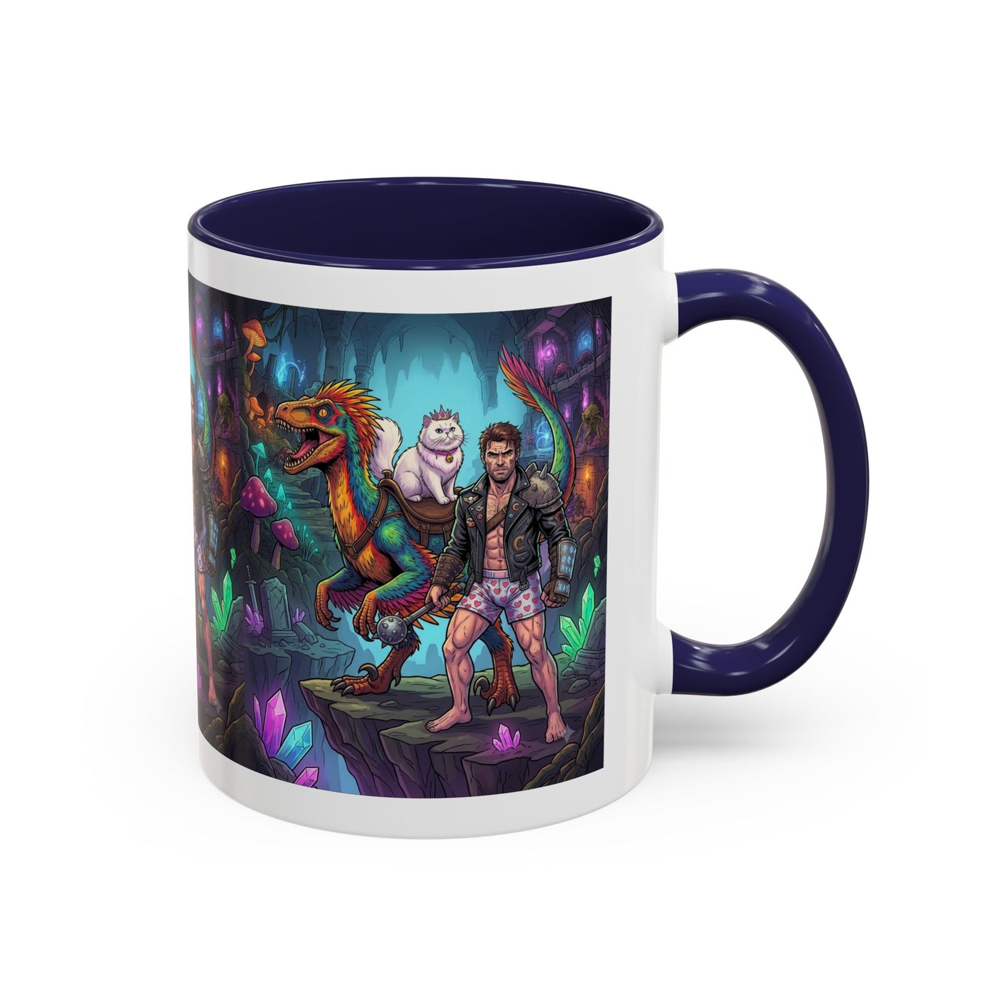 Fantasy Dino Adventure Coffee Mug — Man, Dinosaur & Cute Creature in Crystal Cavern (11/15oz)