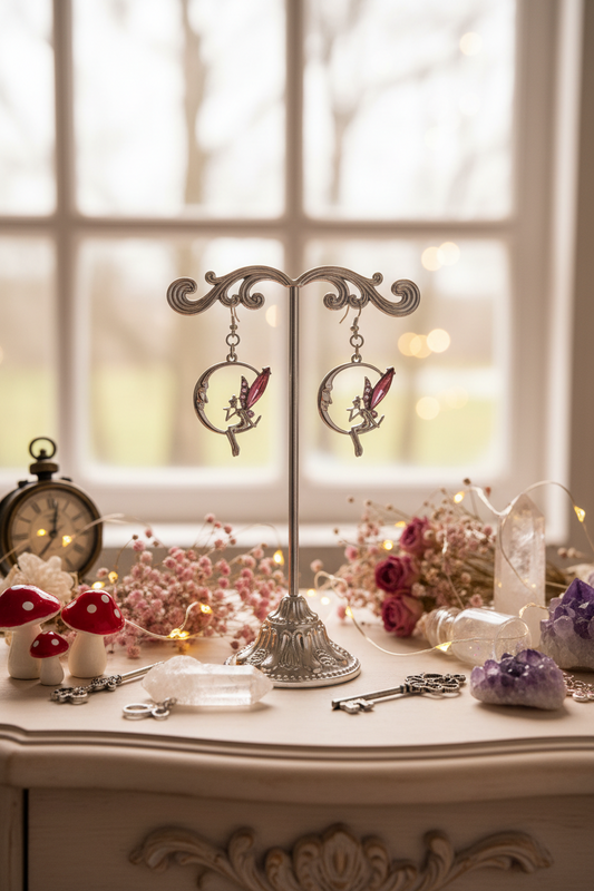 Fairy Moon Earrings – Whimsical Pink Wings Dangle Jewelry