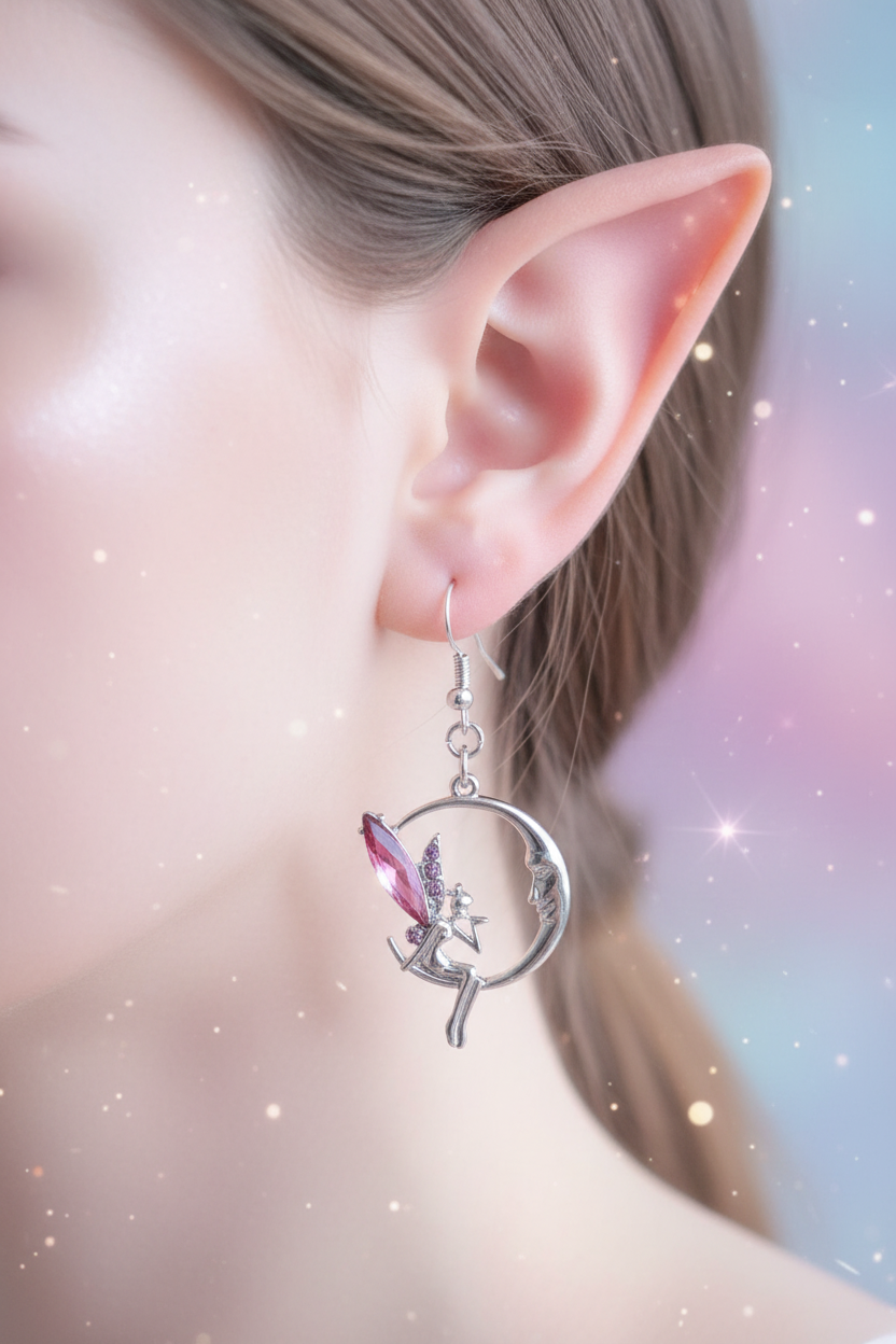 Fairy Moon Earrings – Whimsical Pink Wings Dangle Jewelry