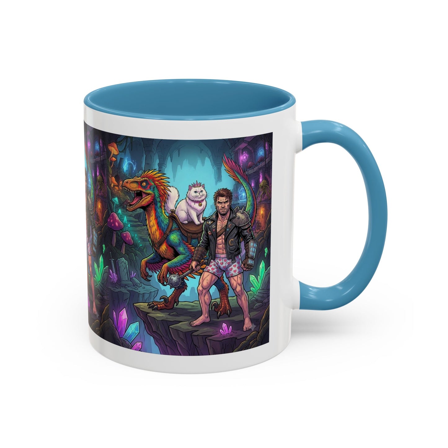 Fantasy Dino Adventure Coffee Mug — Man, Dinosaur & Cute Creature in Crystal Cavern (11/15oz)