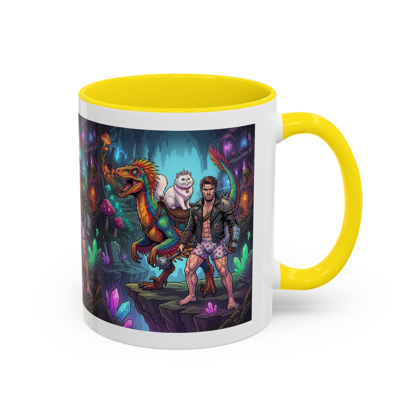 Fantasy Dino Adventure Coffee Mug — Man, Dinosaur & Cute Creature in Crystal Cavern (11/15oz)