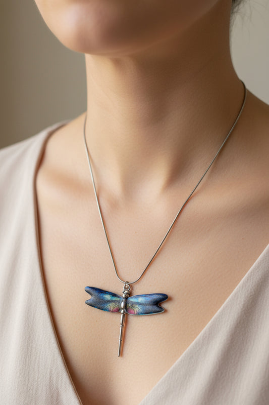 Dragonfly Necklace, Blue Iridescent Wings, Insect Pendant Jewelry