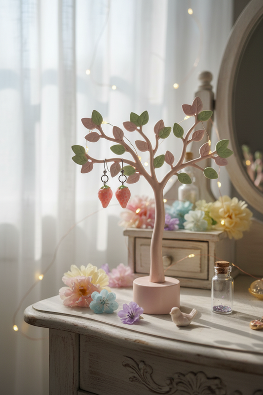 Pink Strawberry Earrings – Whimsical Fruit Jewelry Tree Display