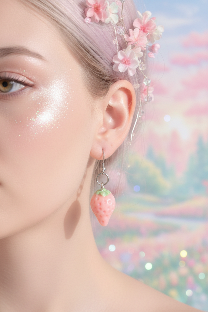 Pink Strawberry Earrings – Whimsical Fruit Jewelry Tree Display