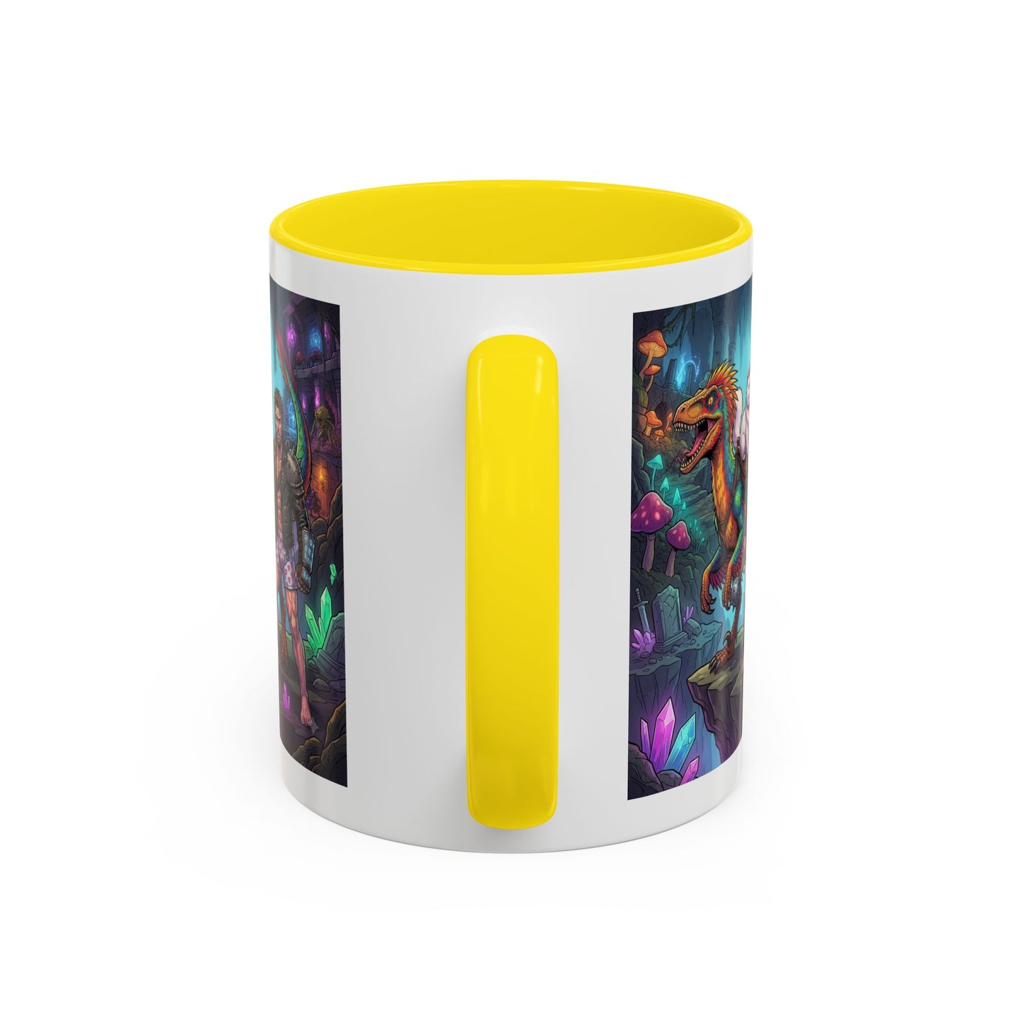 Fantasy Dino Adventure Coffee Mug — Man, Dinosaur & Cute Creature in Crystal Cavern (11/15oz)