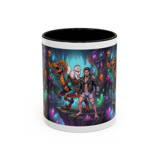 Fantasy Dino Adventure Coffee Mug — Man, Dinosaur & Cute Creature in Crystal Cavern (11/15oz)