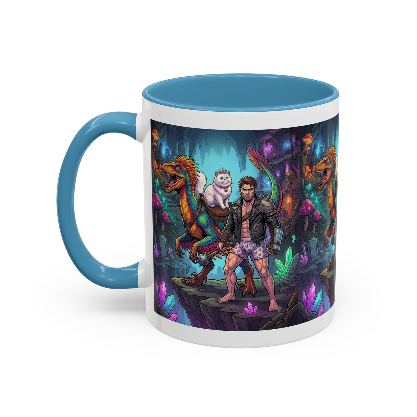 Fantasy Dino Adventure Coffee Mug — Man, Dinosaur & Cute Creature in Crystal Cavern (11/15oz)