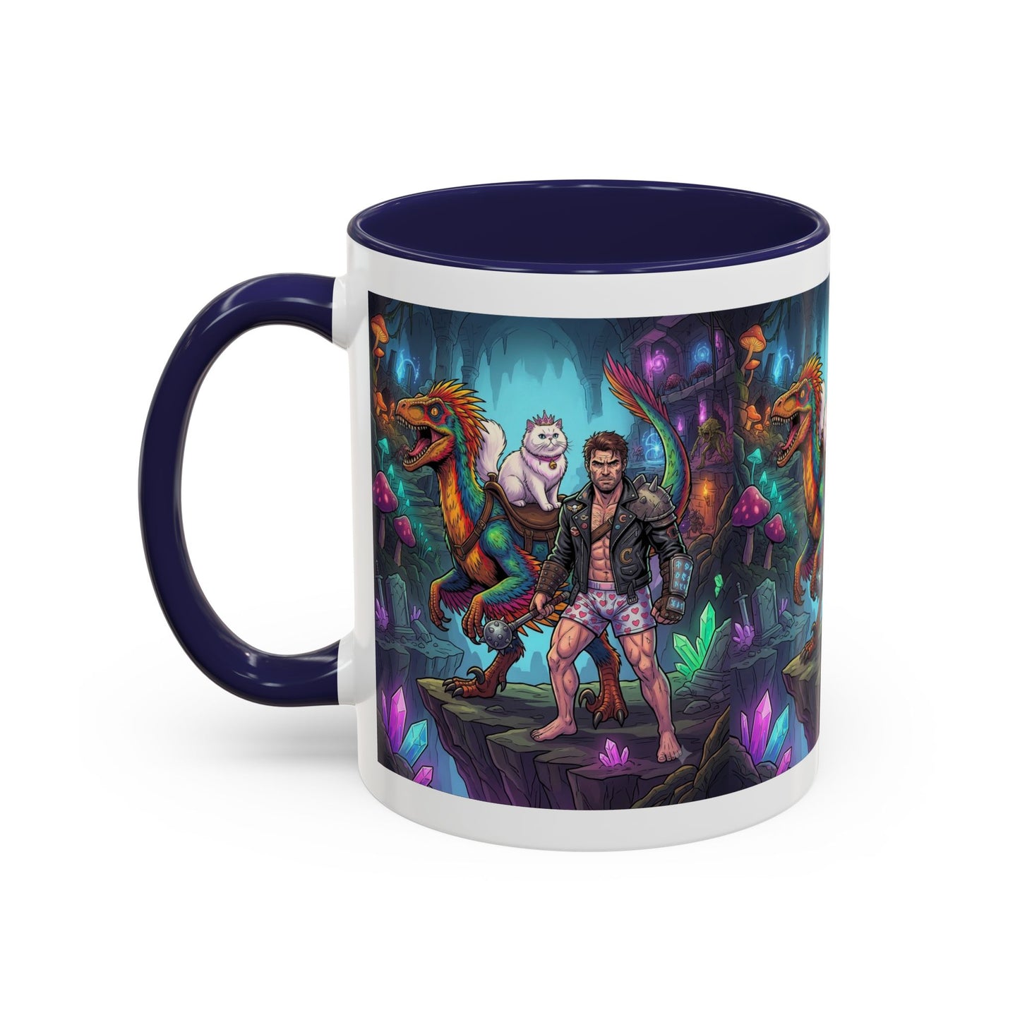 Fantasy Dino Adventure Coffee Mug — Man, Dinosaur & Cute Creature in Crystal Cavern (11/15oz)
