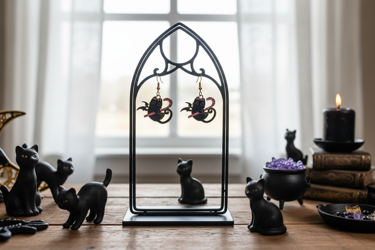 Black Cat Candy Cane Earrings – Whimsical Halloween Jewelry