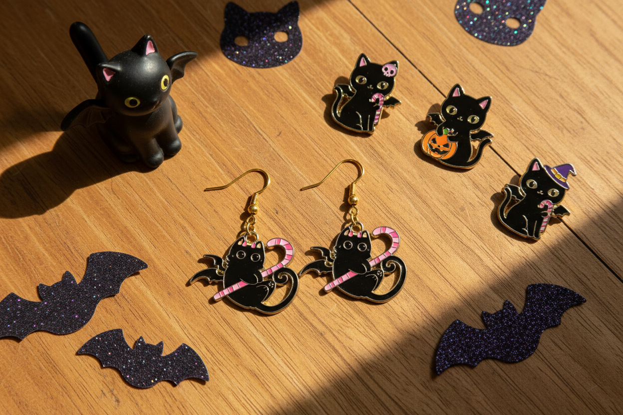 Black Cat Candy Cane Earrings – Whimsical Halloween Jewelry
