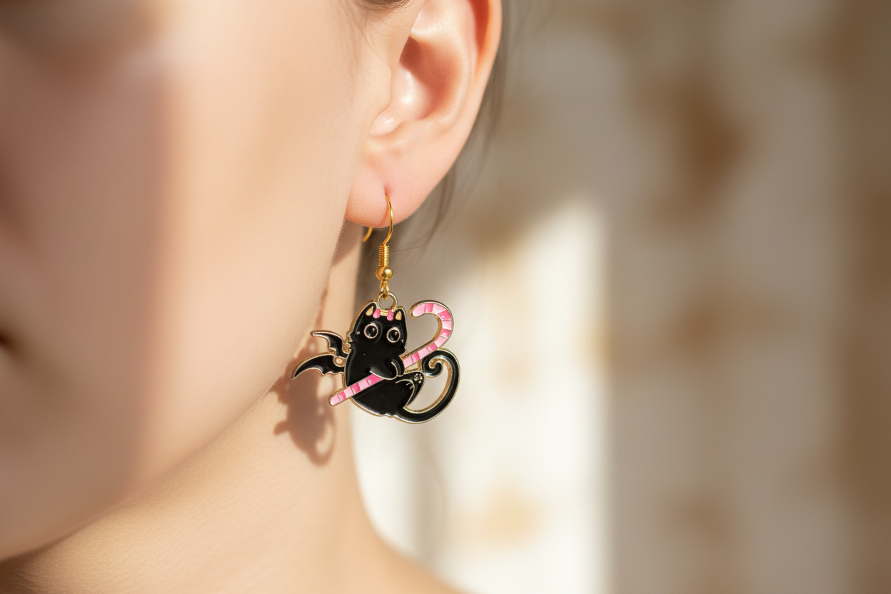 Black Cat Candy Cane Earrings – Whimsical Halloween Jewelry