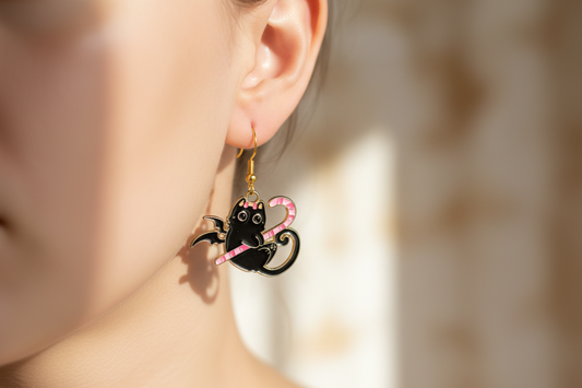 Black Cat Candy Cane Earrings – Whimsical Halloween Jewelry