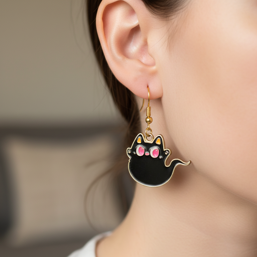 Ghost Cat Earrings, Spooky Halloween Jewelry, Kawaii Kitty Dangle Earrings