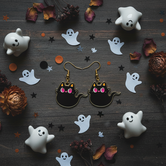 Ghost Cat Earrings, Spooky Halloween Jewelry, Kawaii Kitty Dangle Earrings