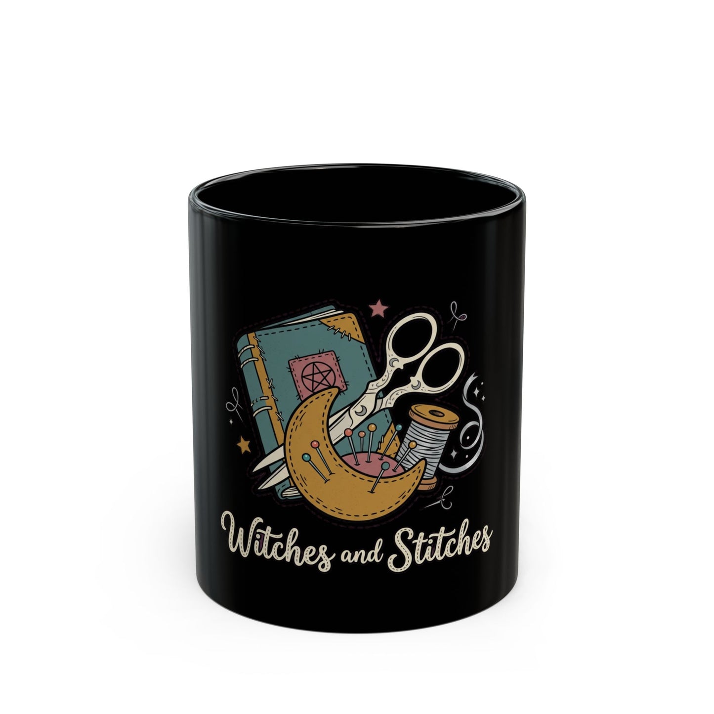 Witches and Stitches Black Mug — Witchy Sewing Craft Coffee Cup (11oz & 15oz)